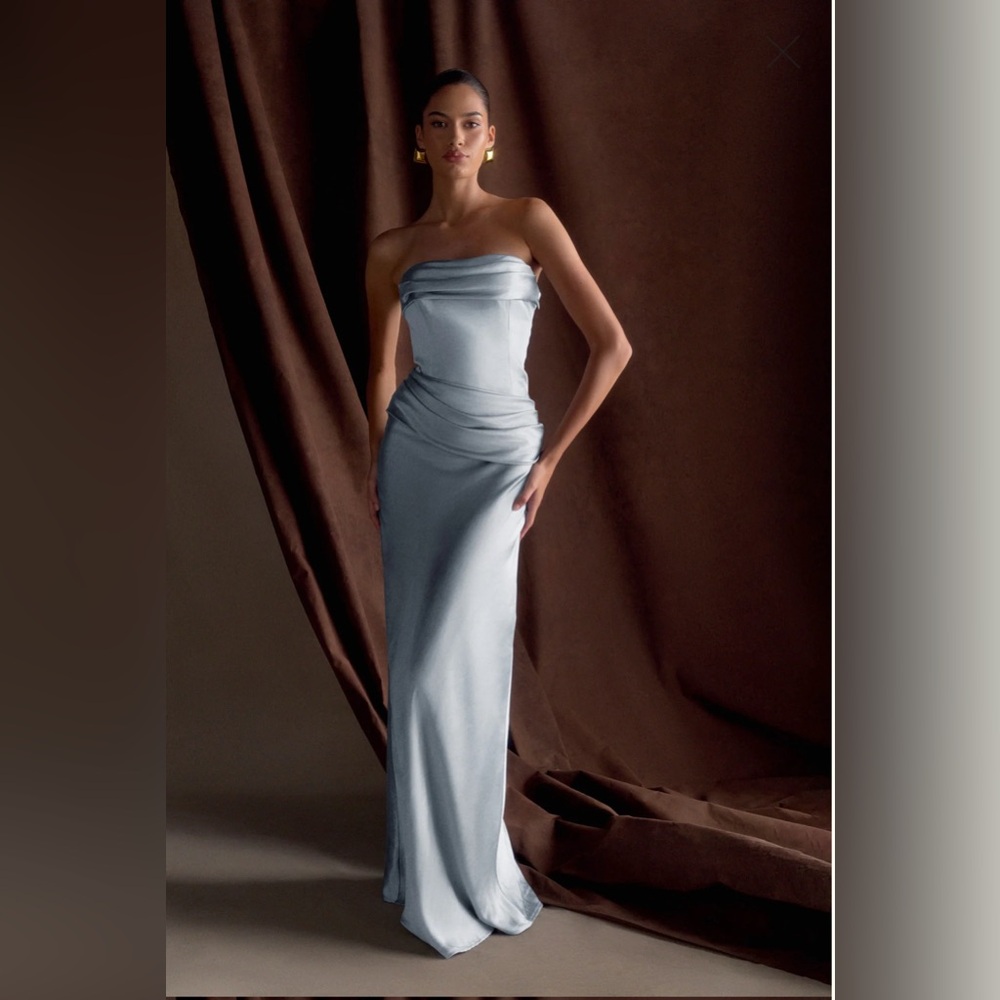 Meshki Strapless Satin Gown in Light Silver Blue
